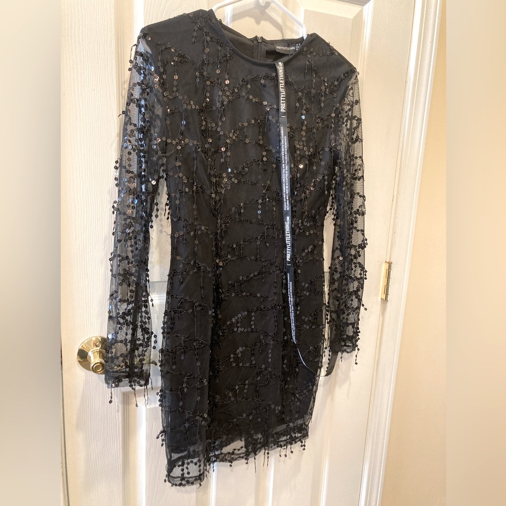 Pretty Little Thing Black Sequin Detail Long Sleeve Mini Dress, Size 6